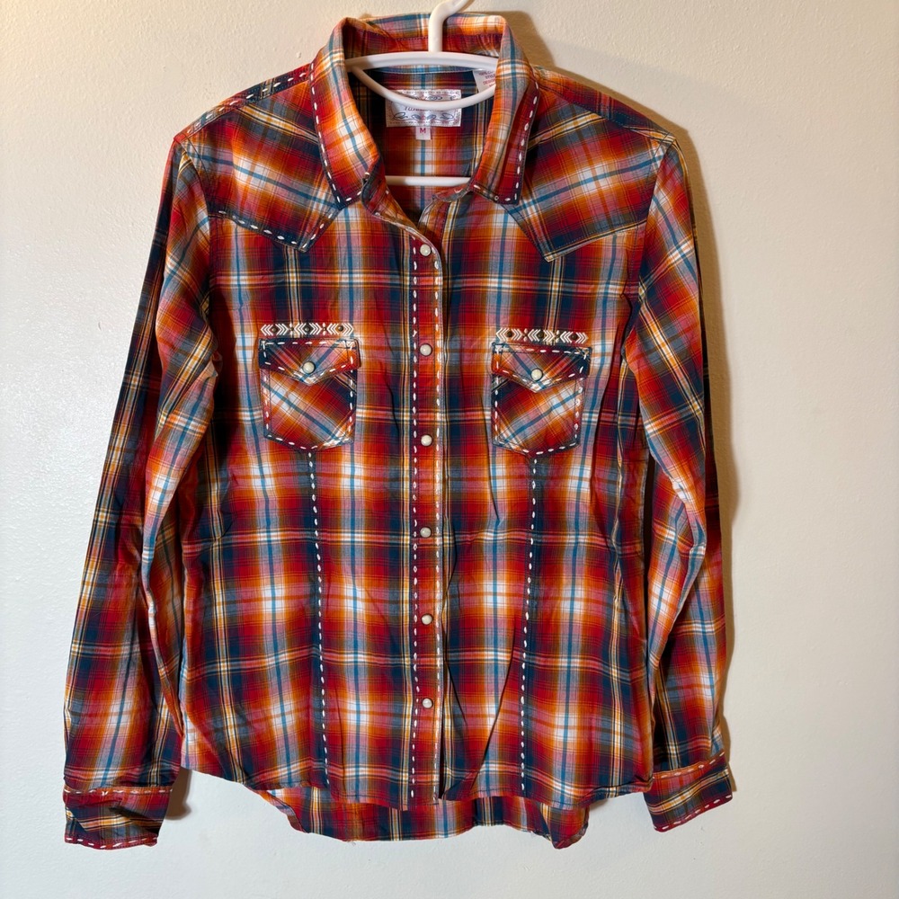 Panhandle Slim Plaid Western Snap Shirt Orange Red Embroidered  Size‎ Medium